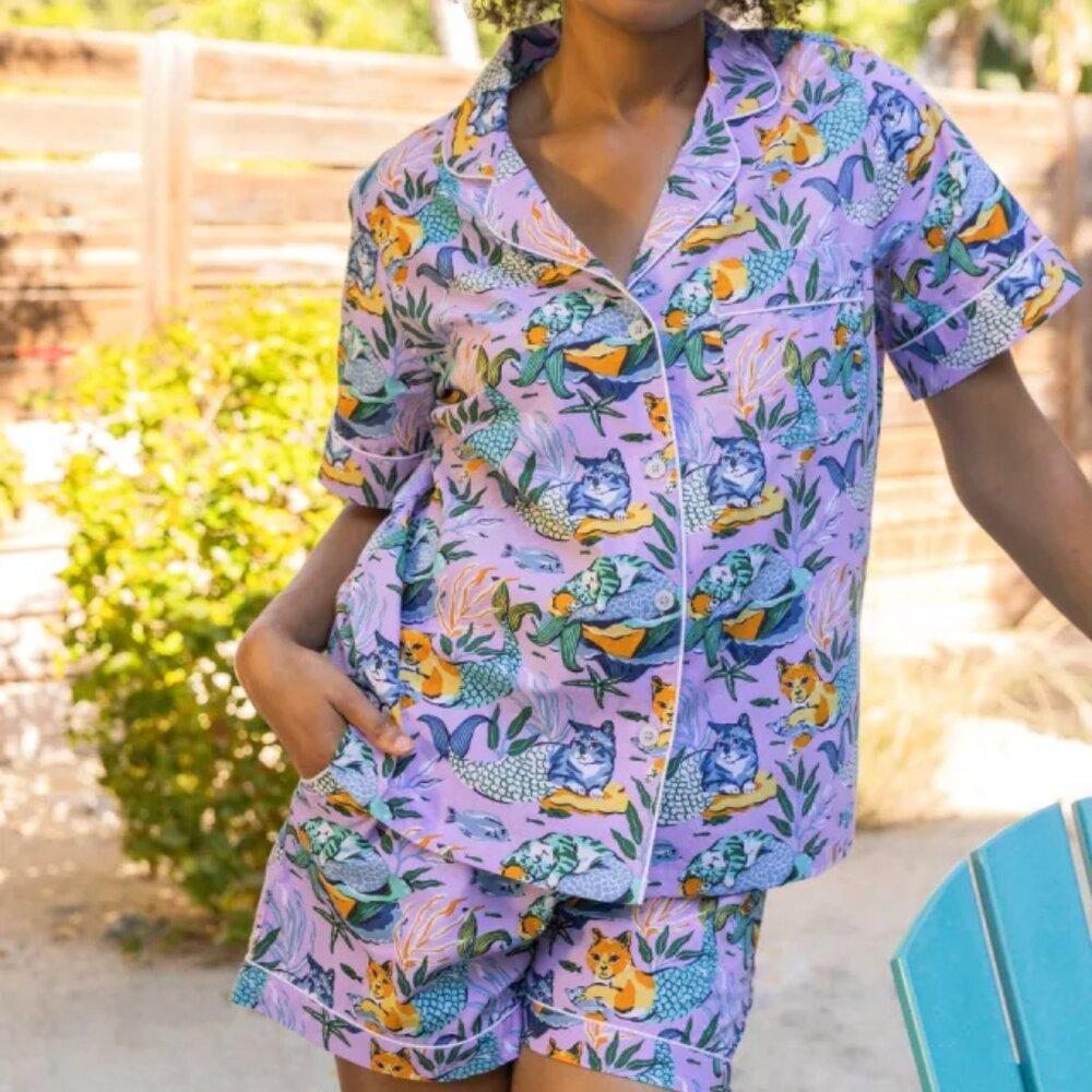 Printfresh Lavender Meowing Mermaids Shortie Pajamas Set